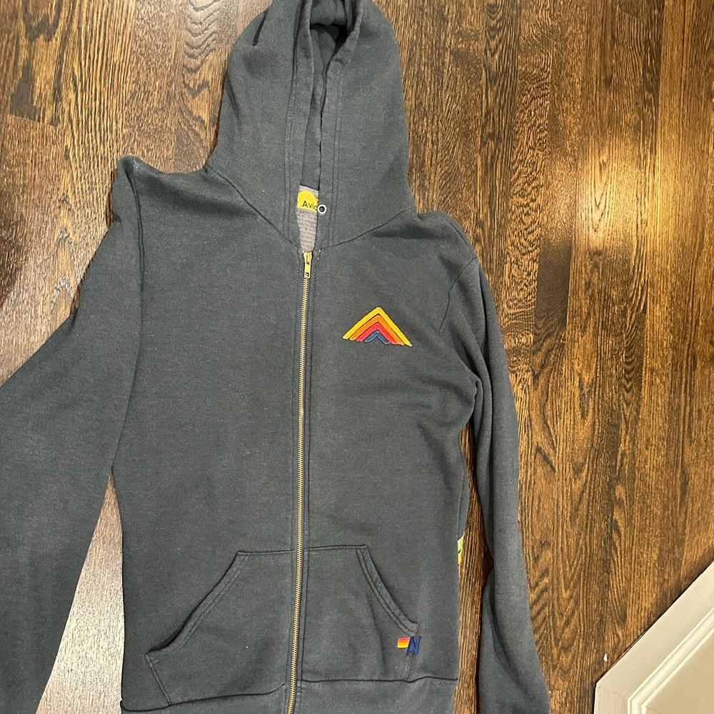 Women's Aviator Nation Mountain Stripe Zip Hoodie in black/charcoal.